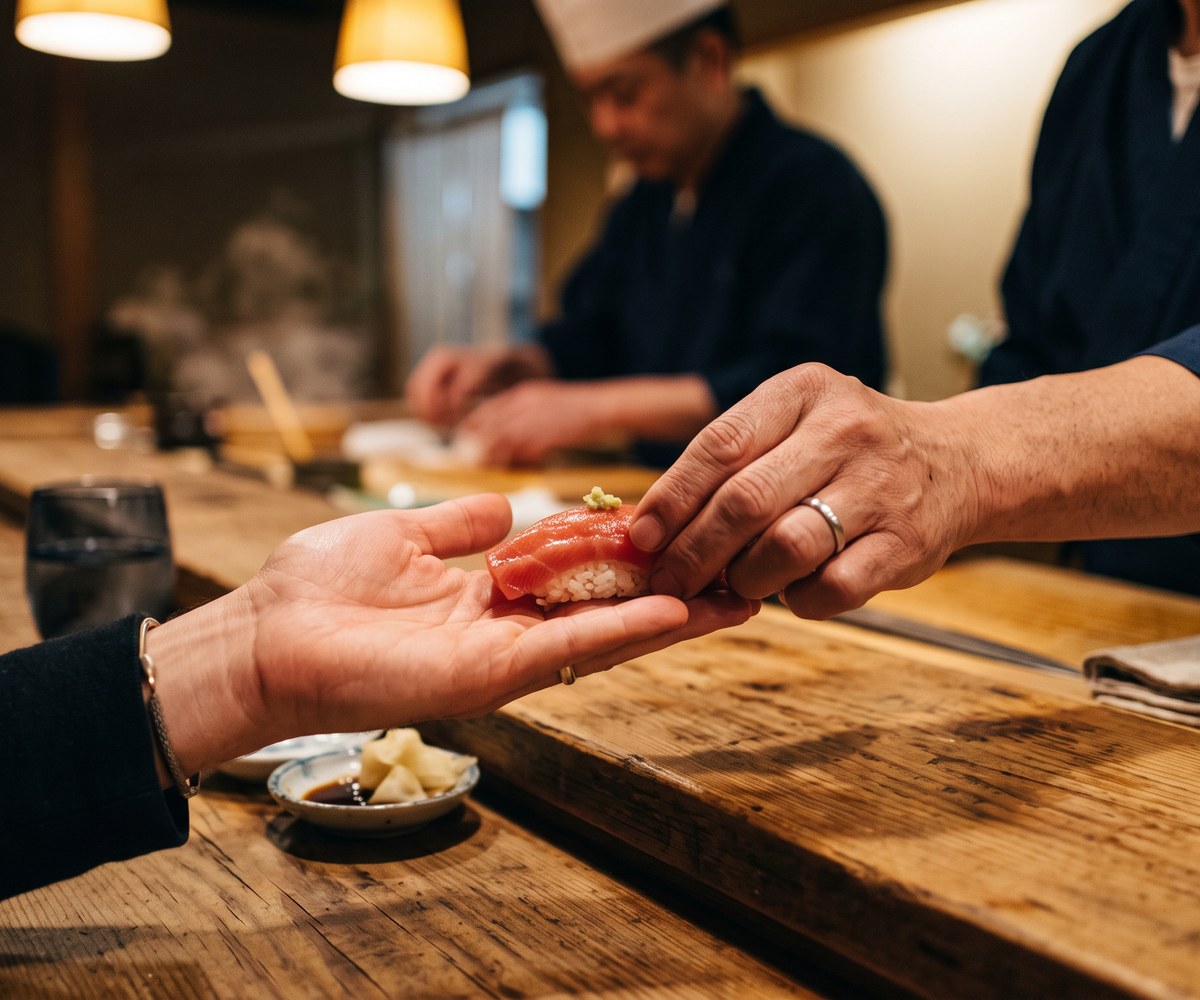 A guest receiving nigiri by hand at the counter