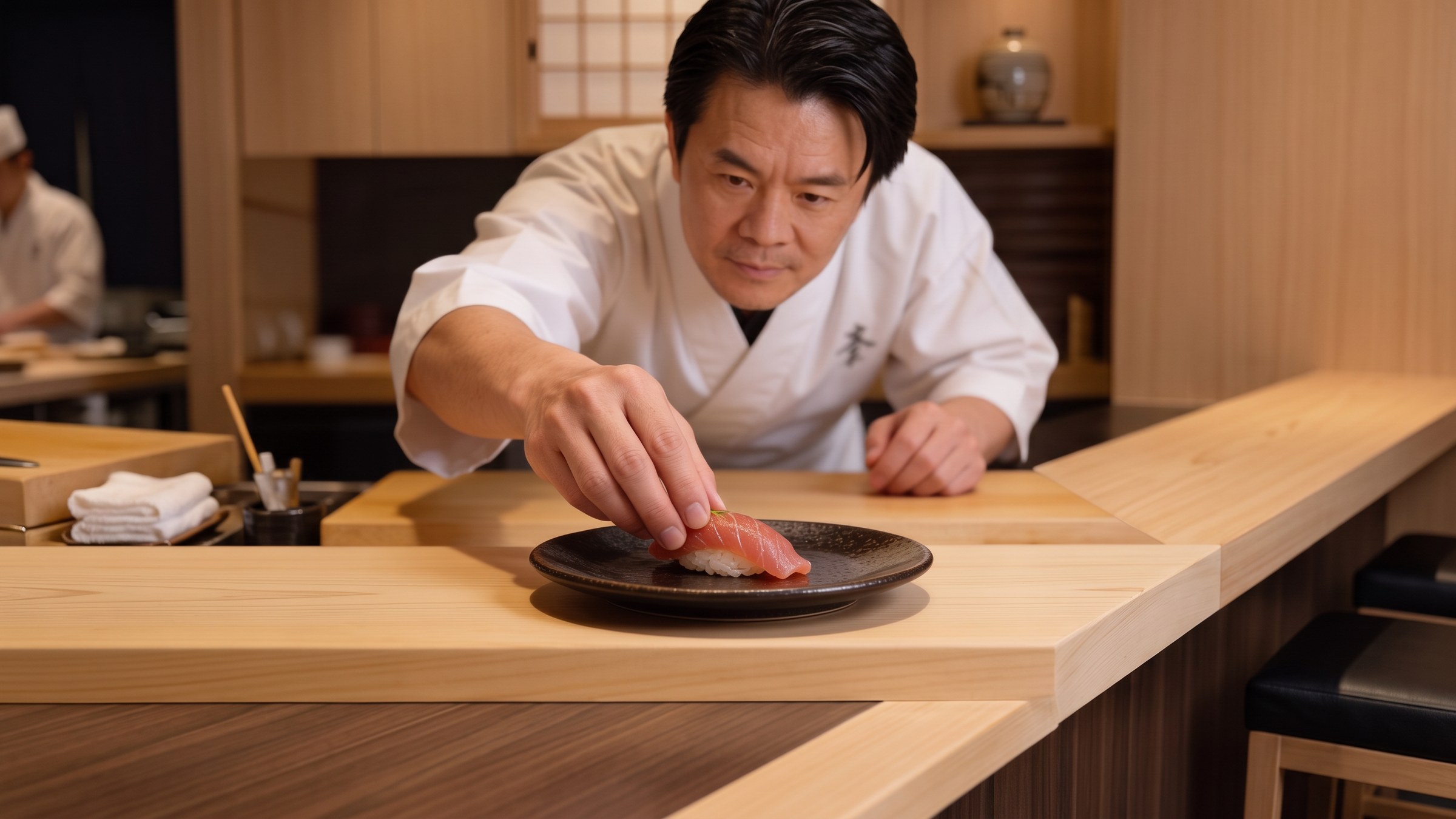 A sushi chef at the hinoki counter placing a piece of nigiri on a dark plate