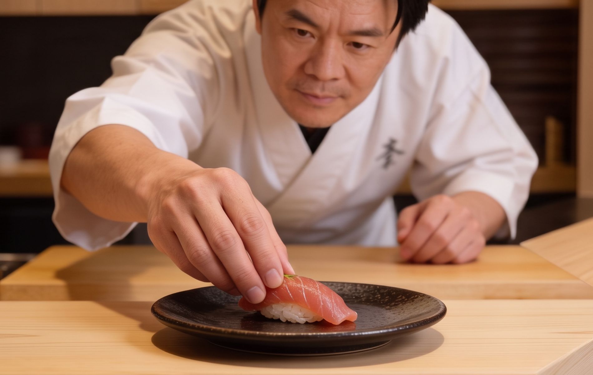 A chef placing a piece of nigiri on a dark plate at the counter